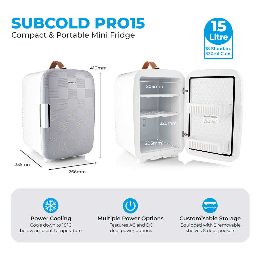 White portable mini fridge with measurements and open door view, showing interior storage.
