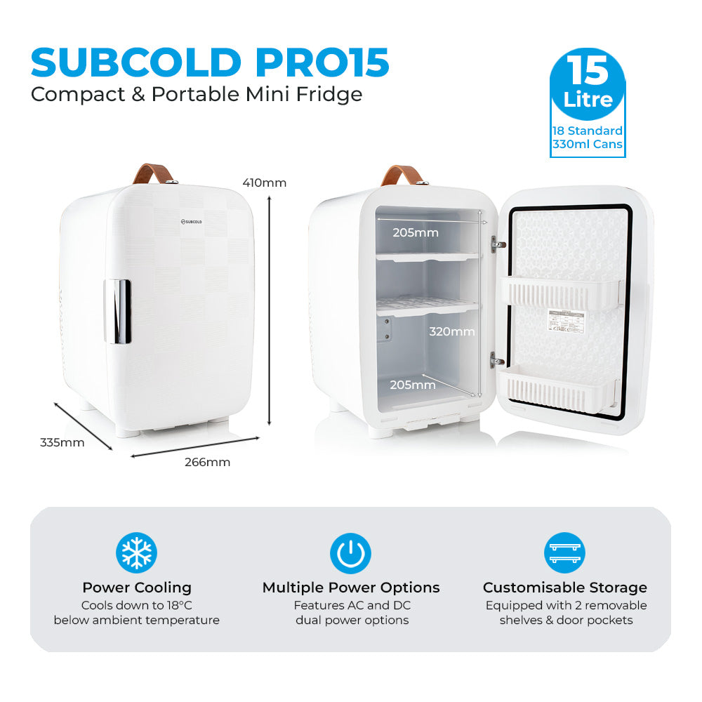 White mini fridge shown with measurements and open door illustration.