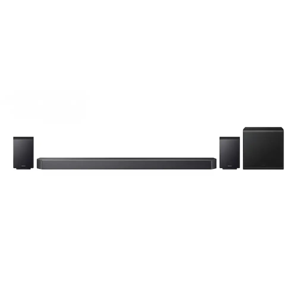 Black soundbar with two small cube surround speakers
