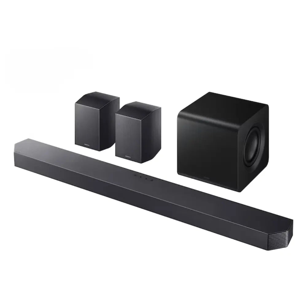 Black soundbar with subwoofer and three cube surround speakers
