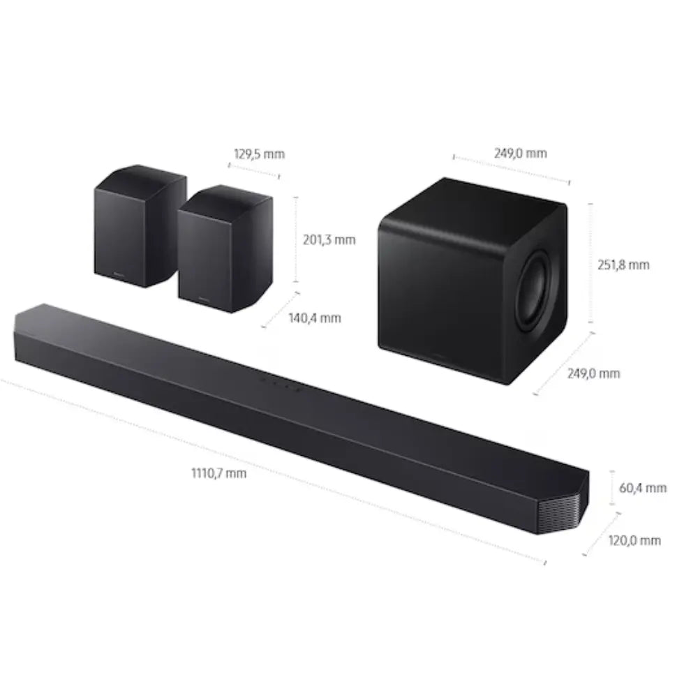 Black soundbar layout with three cube speakers, subwoofer, and dimensions