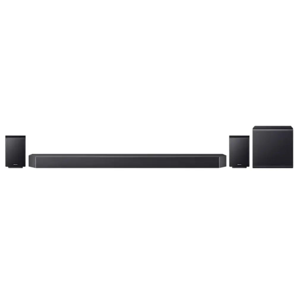 Black soundbar with left and right cube rear speakers