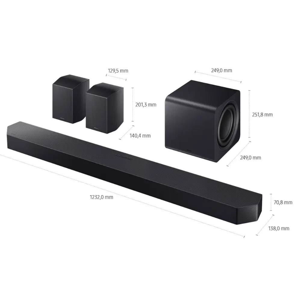 Black soundbar, subwoofer, and cube rear speakers with dimensions