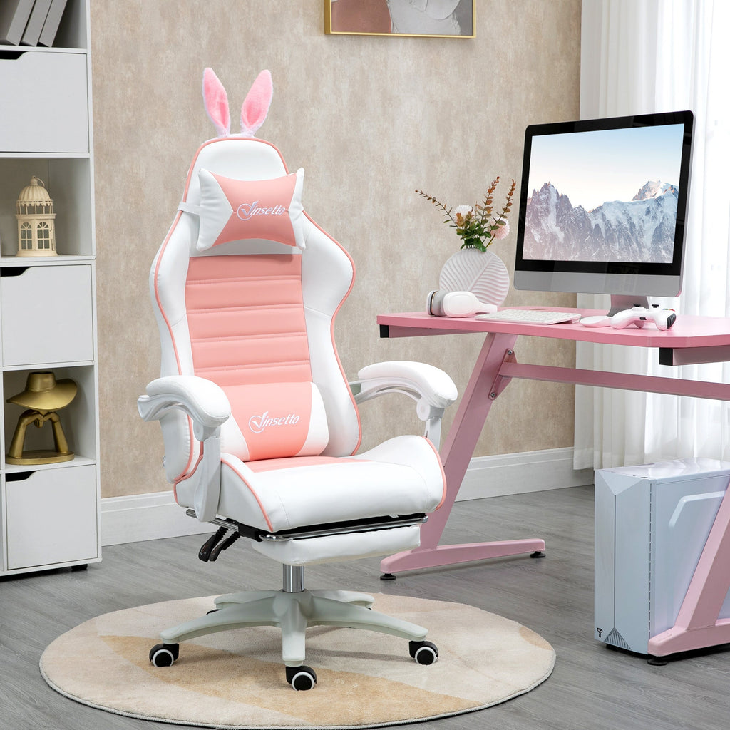 Gaming chair with bunny-ear headrest, pink padded seat and back, white frame on casters