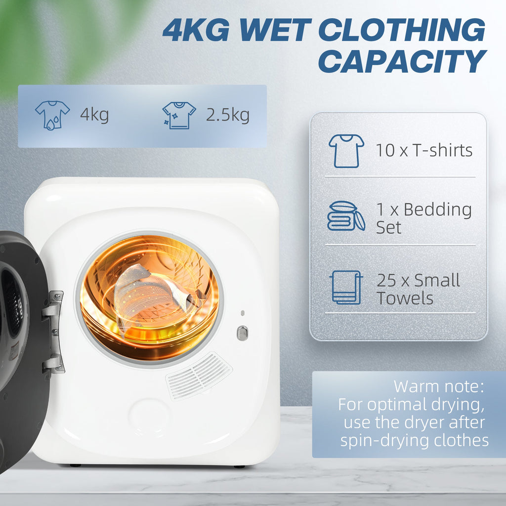 White compact tumble dryer with door open showing rotating drum with warm light