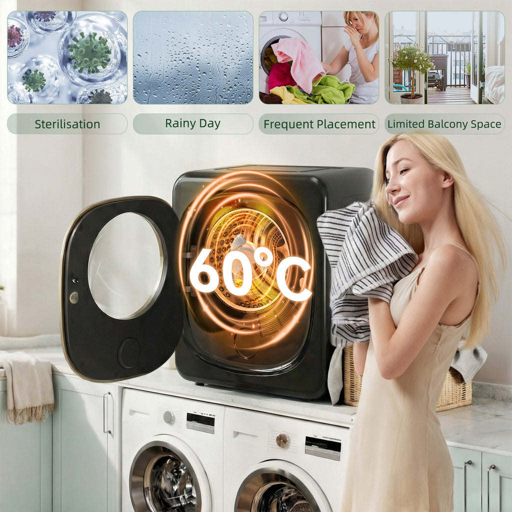 Black tumble dryer with illuminated heated drum visible through the door window