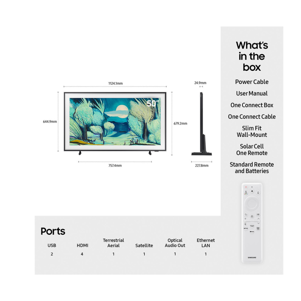 50-inch QLED AI TV ports panel with slim remote control shown