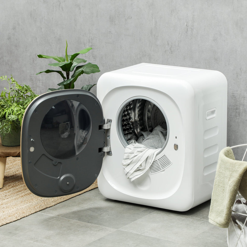 White compact tumble dryer with door open, drum visible, and dark inner door panel