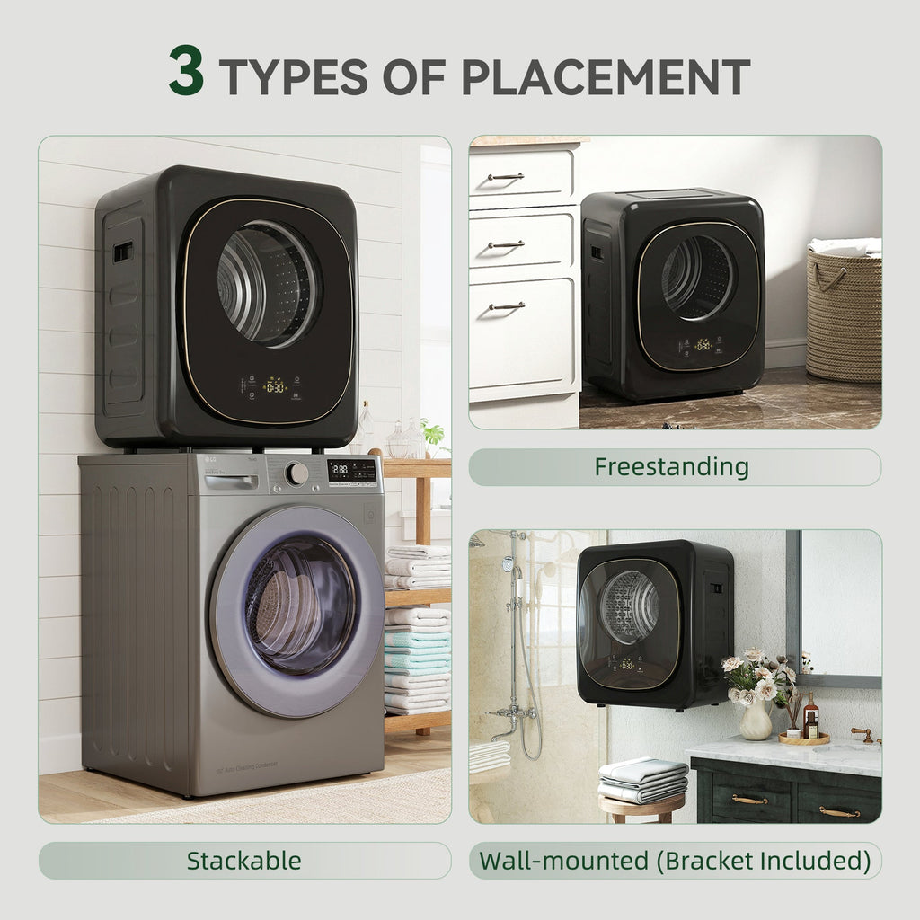 Compact black tumble dryer shown for freestanding, stackable, or wall-mounted placement
