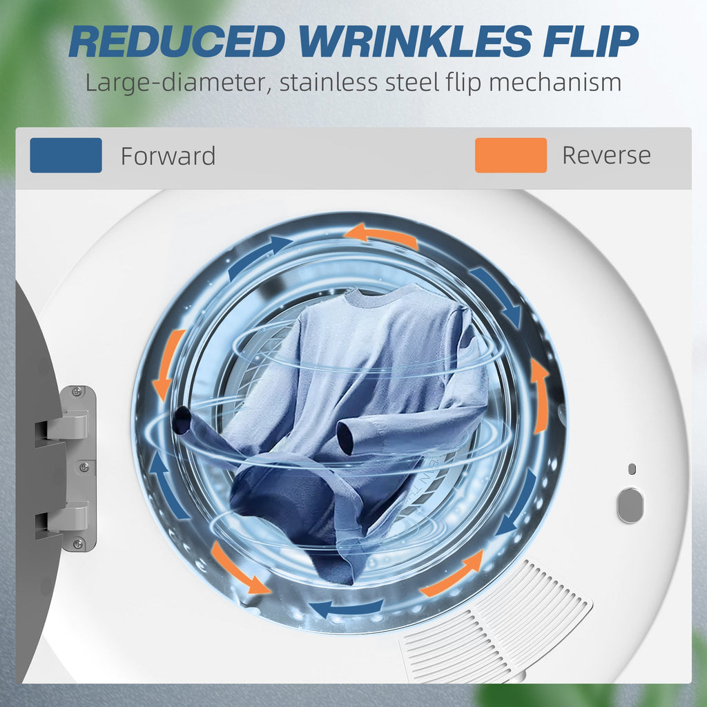Tumble dryer drum with rotating motion arrows showing reduced wrinkles