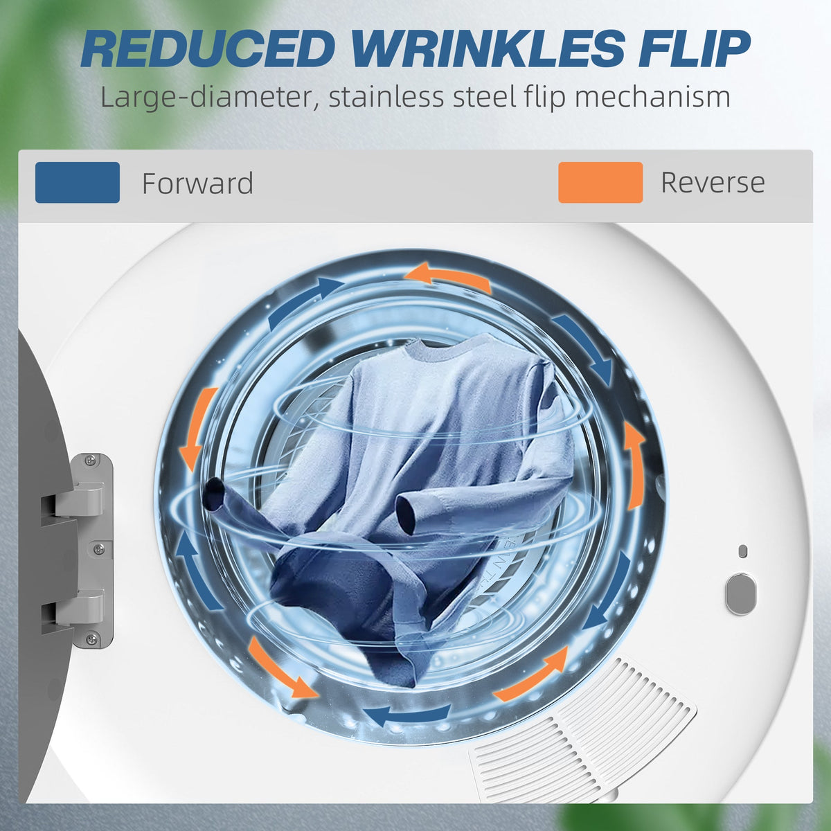 Tumble dryer drum with rotating motion arrows showing reduced wrinkles