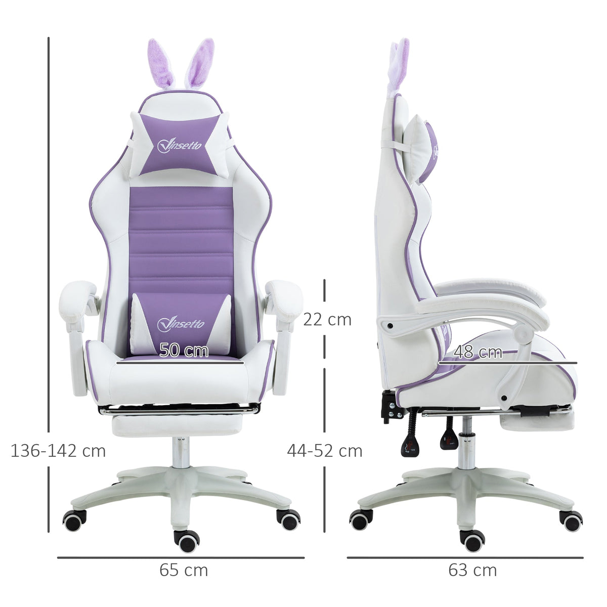 Purple and white racing gaming chair shown from front and side with rabbit-ear headrest.