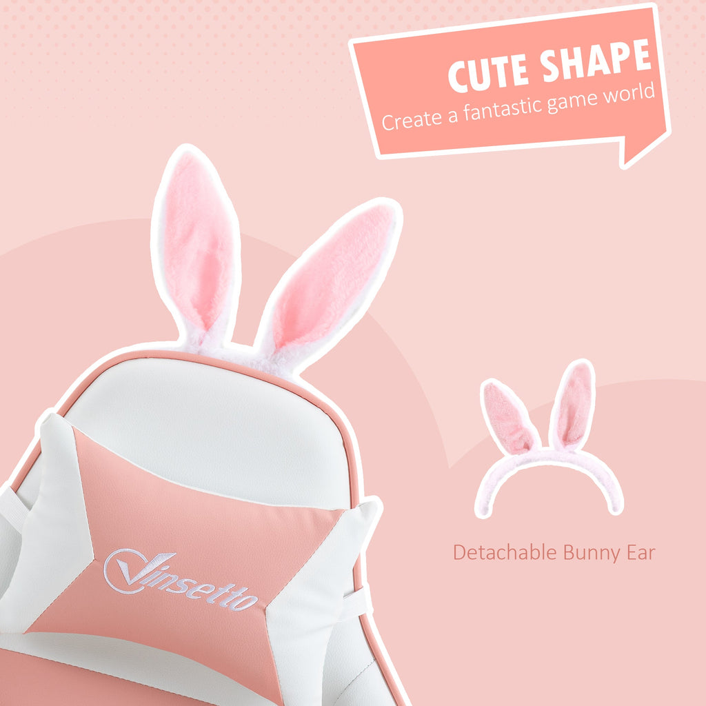 Bunny-ear headrest on a pink-and-white gaming chair with padded lumbar cushion