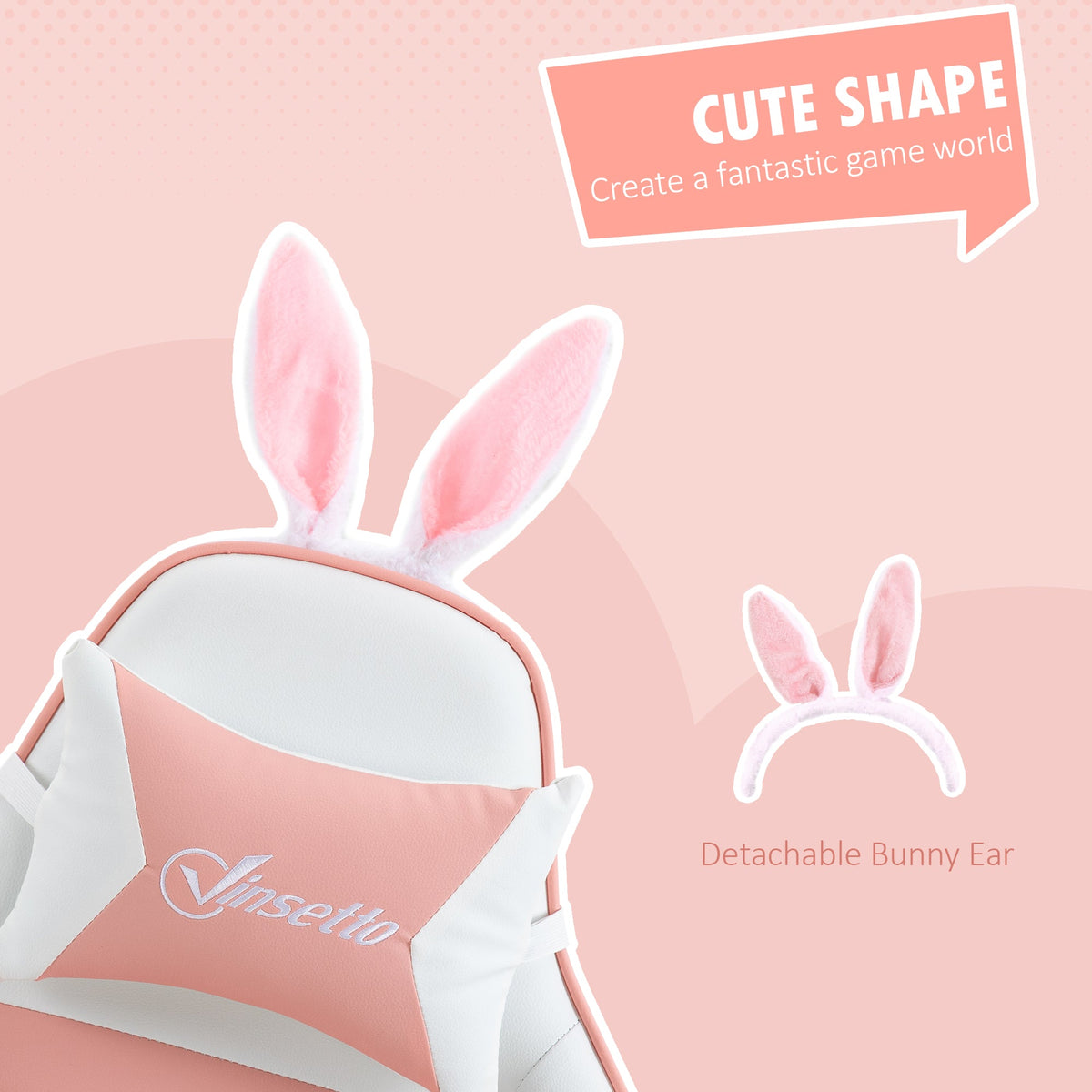 Bunny-ear headrest on a pink-and-white gaming chair with padded lumbar cushion