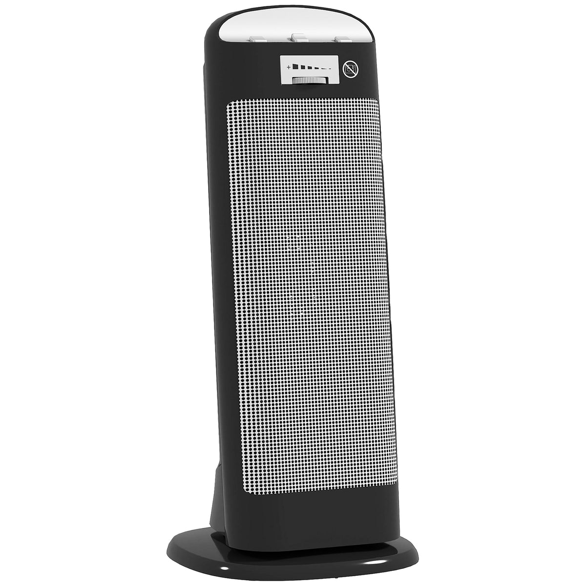 Black ceramic space heater close-up: front grille and glowing heating element