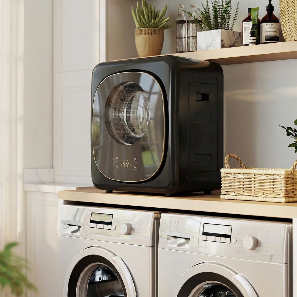Black compact tumble dryer on a cabinet, with front glass door and side vents