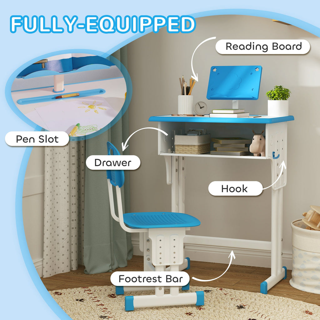 Kids desk and chair set with blue desktop, pen slot, and enclosed under-desk storage