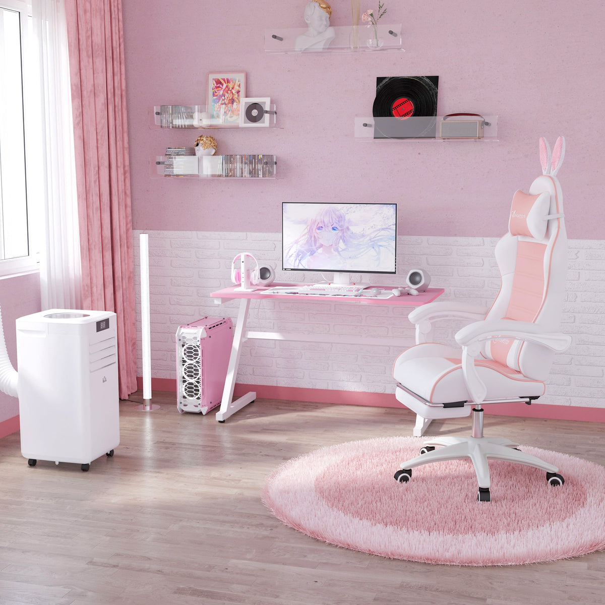 Pink and white bunny-ear gaming chair with reclining back and footrest, on rolling base