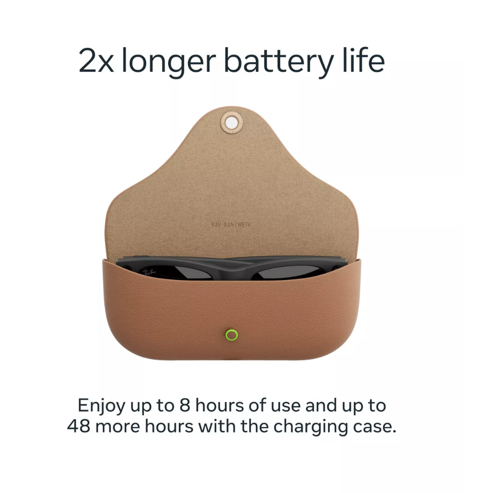 Brown charging case with sunglasses inside and green status light, matte headliner set.