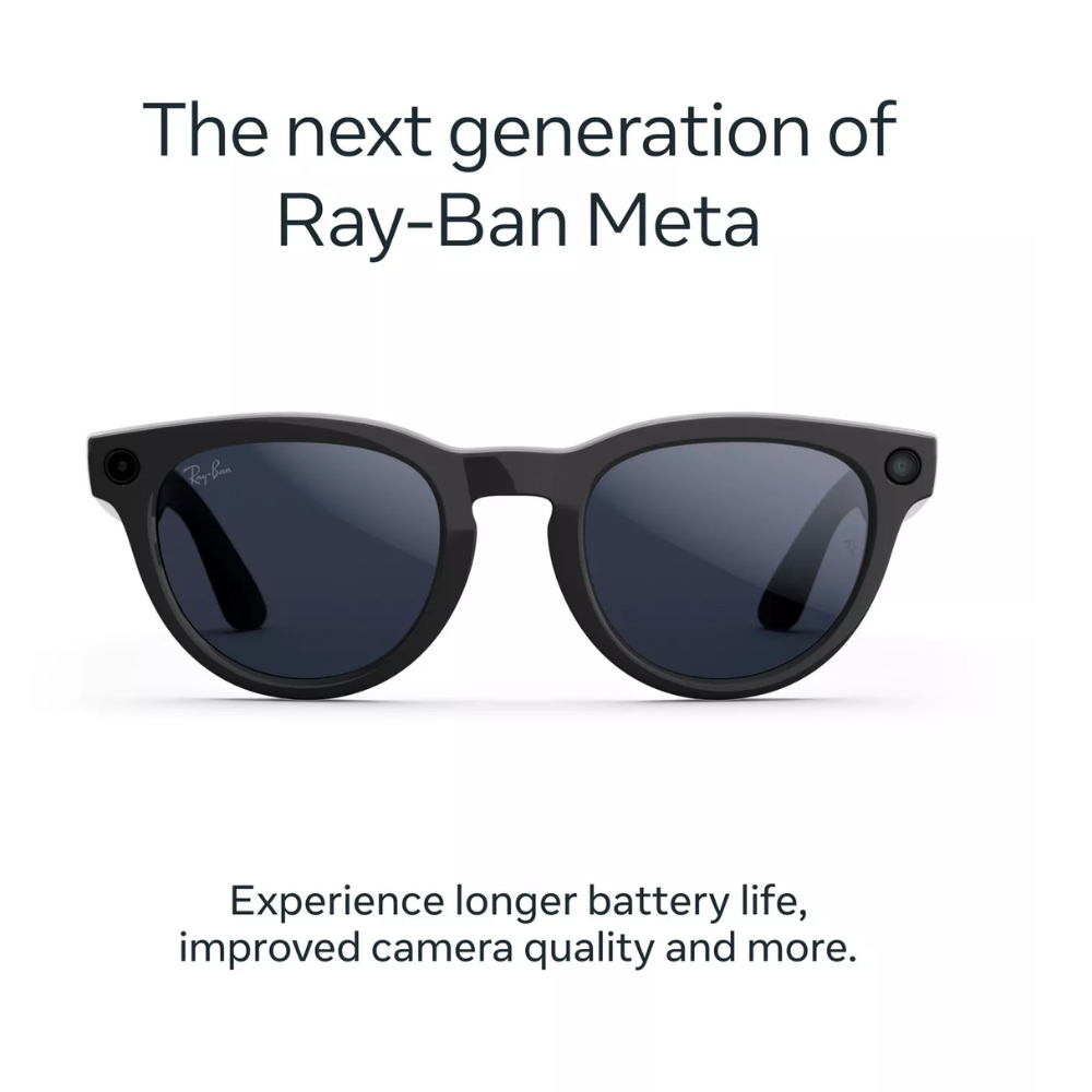 Shiny black smart sunglasses with dark round lenses and curved arms