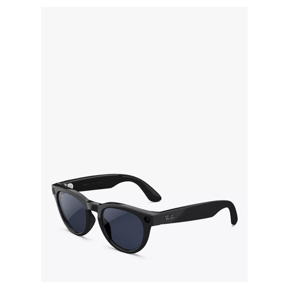 Black smart sunglasses side view with dark lenses and curved temple arms