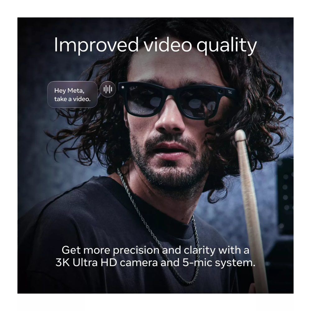 Black smart sunglasses with dark lenses and curved temples
