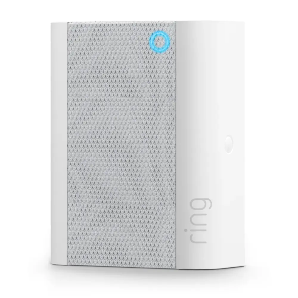 Ring smart chime, white cylinder with textured face and blue ring icon