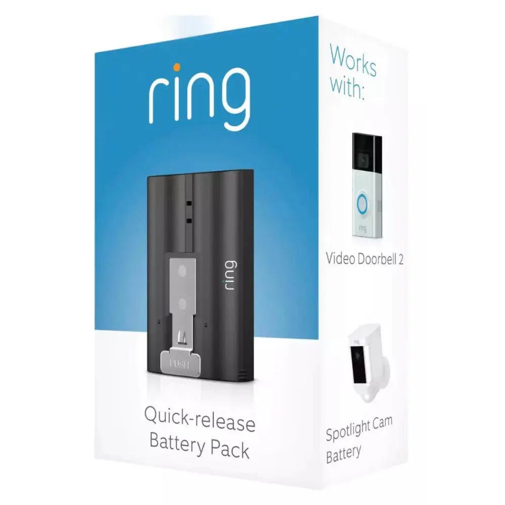 Ring battery pack quick-release retail box showing the grey battery pack front