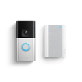 Silver RING battery video doorbell with camera and blue door button