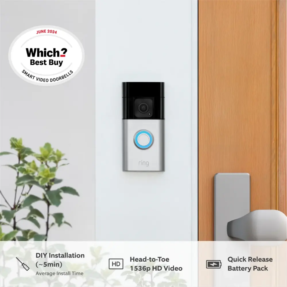 Wall-mounted RING battery video doorbell with camera and blue ring light button