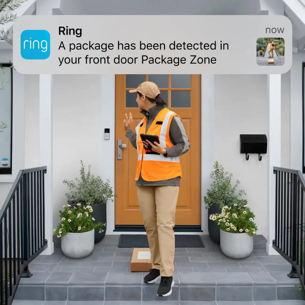 Delivery worker near front door with package detection notification on screen
