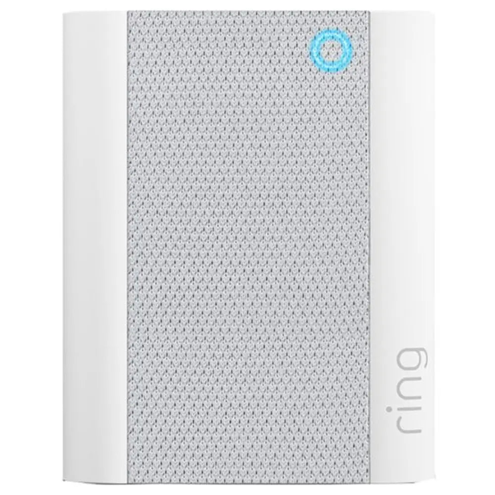 Wall-mounted smart chime with gray textured panel and blue status ring