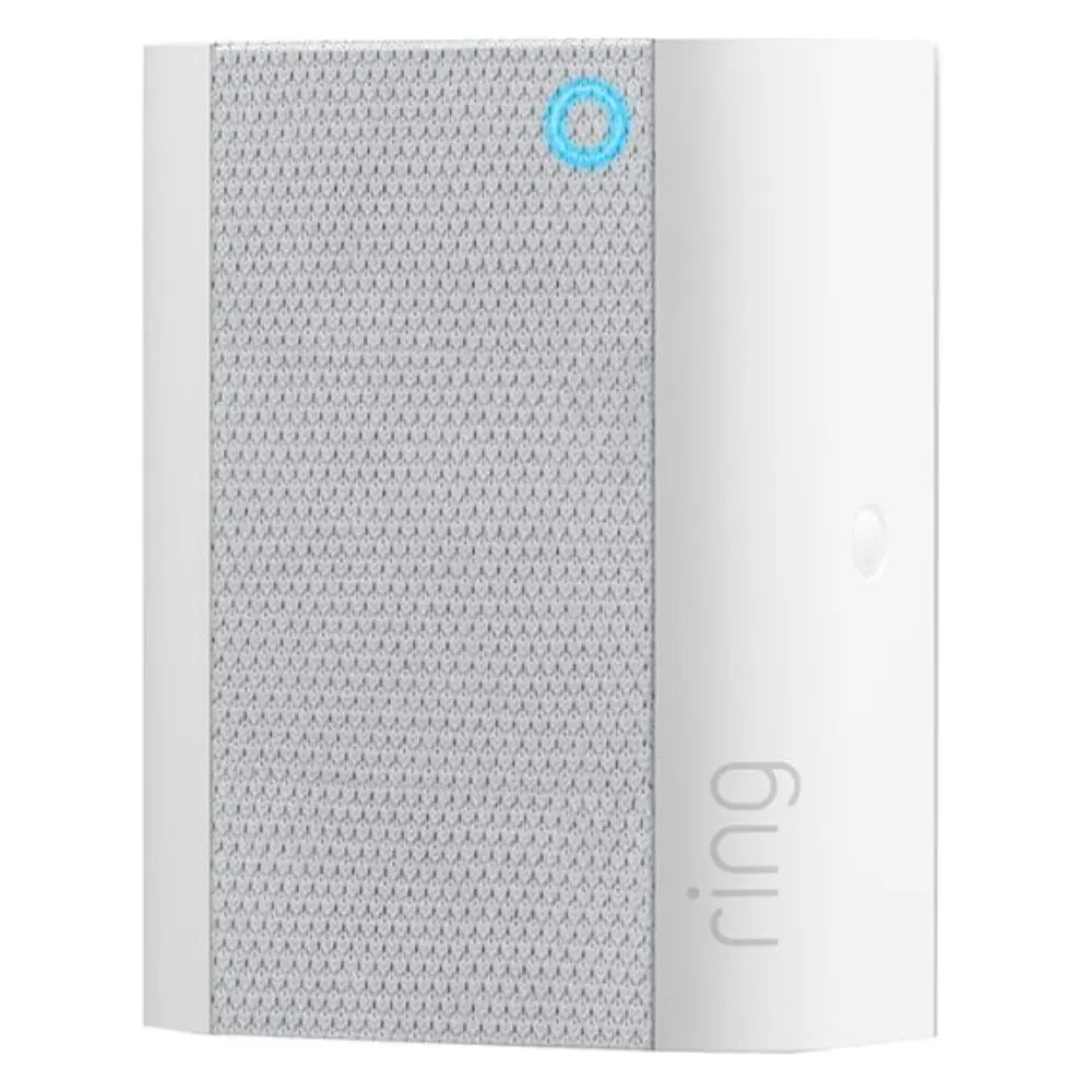 Wall-mounted smart chime with gray textured front panel and white side housing