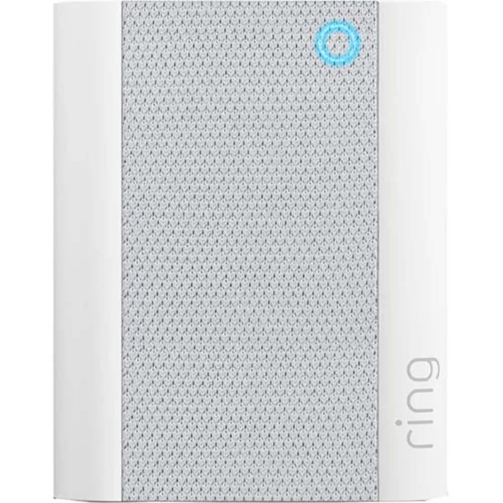 Ring Chime (2nd Gen) white wall chime with textured speaker grille and blue indicator ring