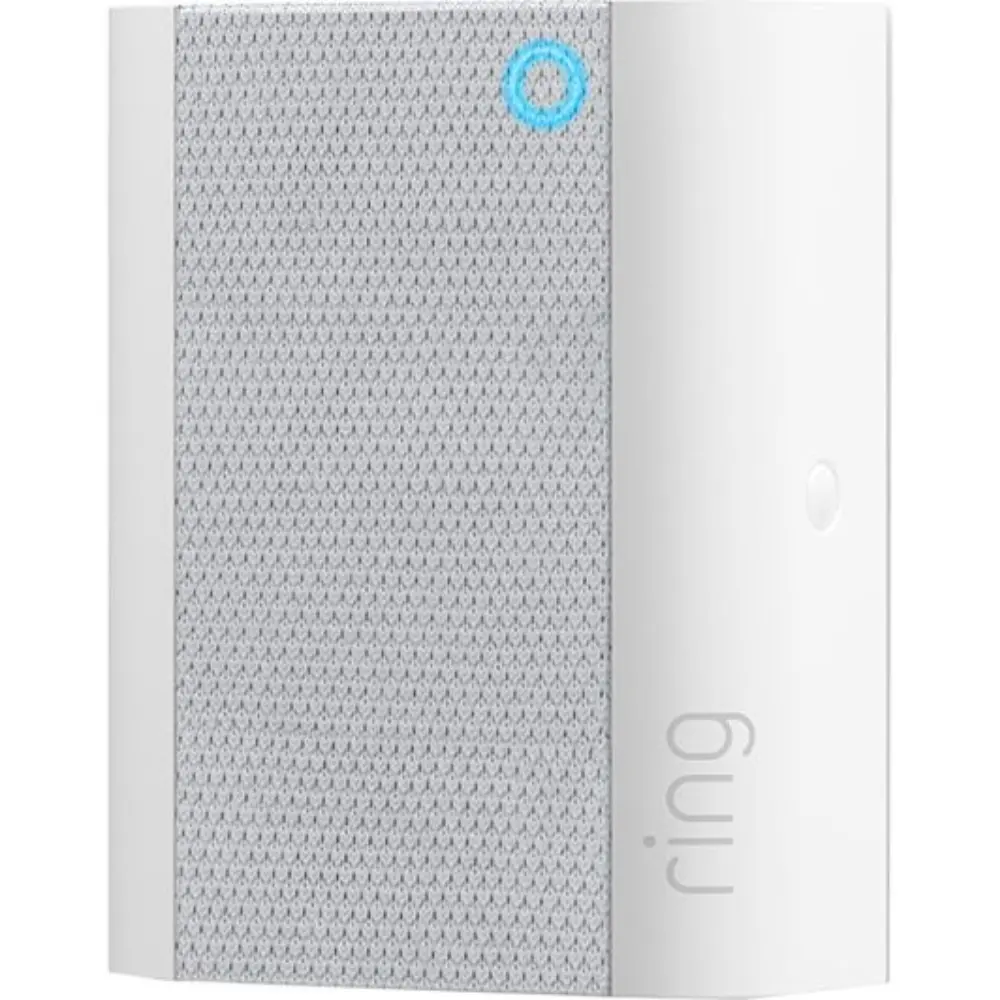 Ring Chime (2nd Gen) white wall chime with textured speaker grille and side button