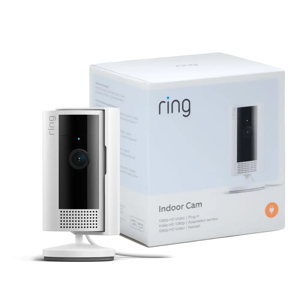Indoor security camera and retail box, white housing, front lens and speaker grille