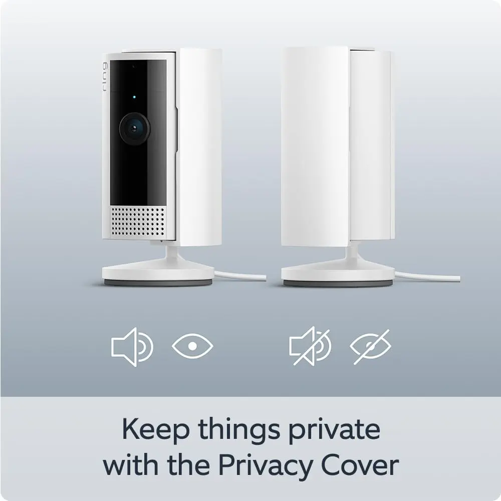 Indoor security camera with privacy cover, white housing, front and side views