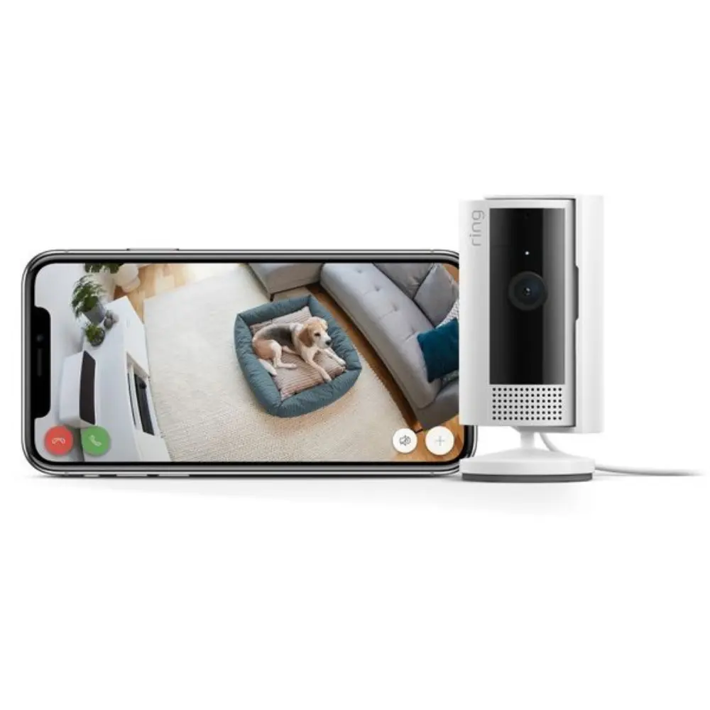 Indoor security camera with live feed on smartphone, white housing