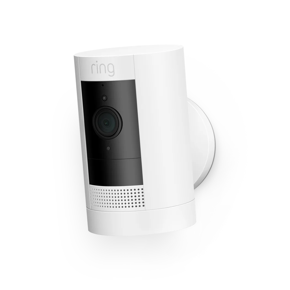 Outdoor security camera in white housing with black front panel and lens