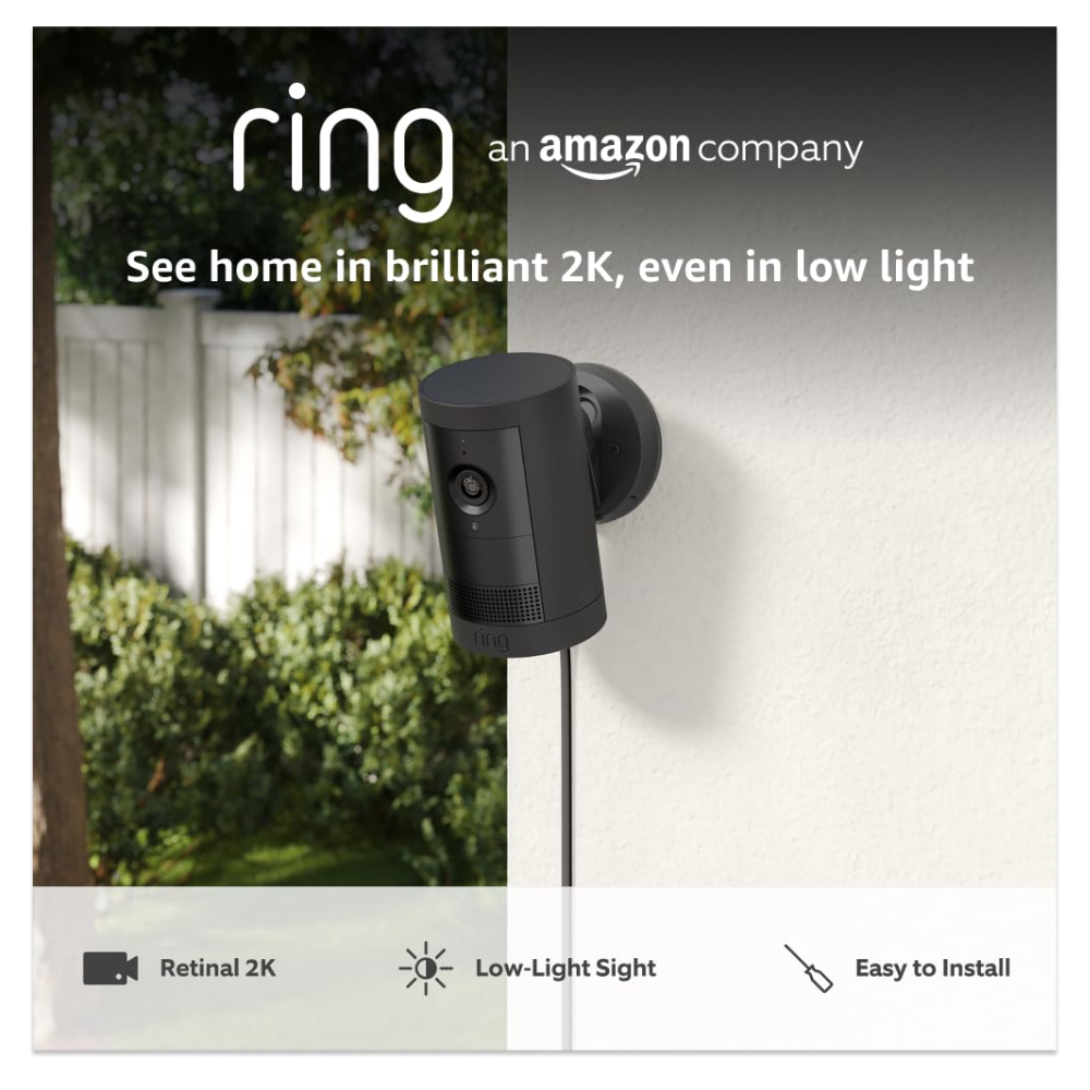 Black Ring outdoor plug-in security camera with wall mount and wired power cable