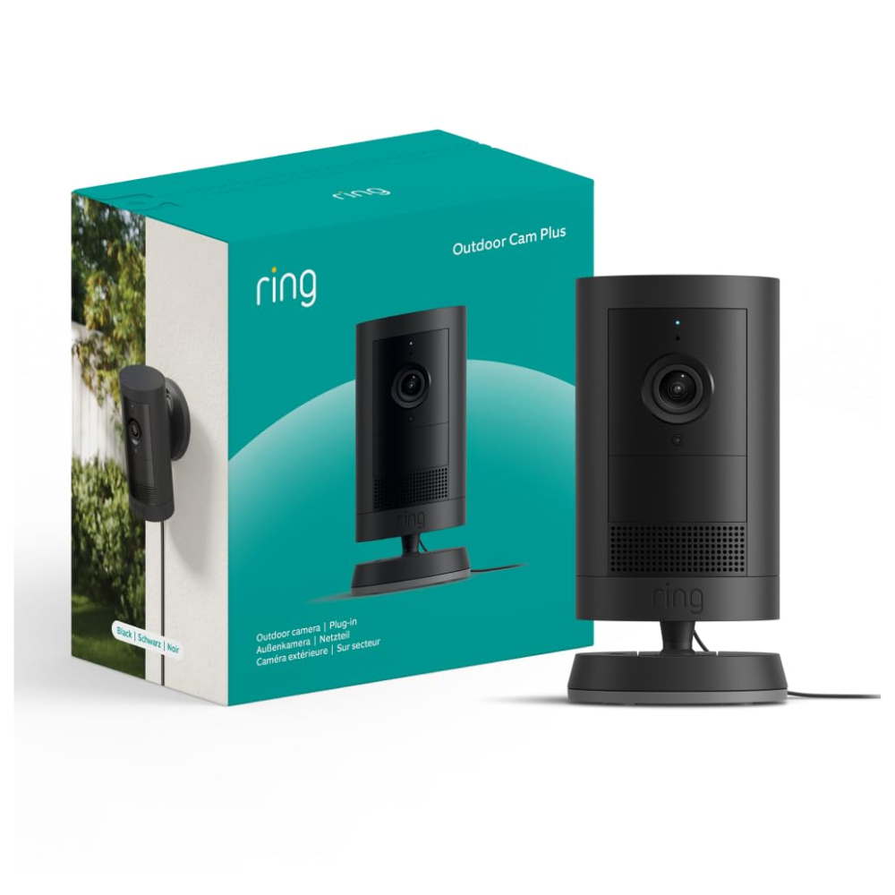 Ring outdoor camera plus plug-in product box with black camera and stand base