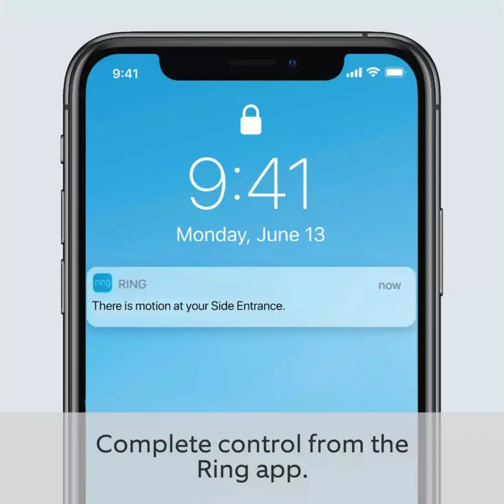 Smartphone notification screen for Ring security camera with lock icon and time