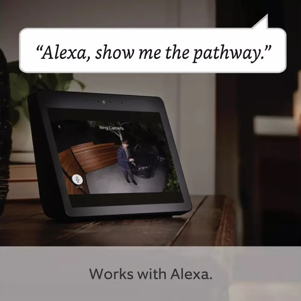 Tablet showing Ring security camera live footage with Alexa voice prompt