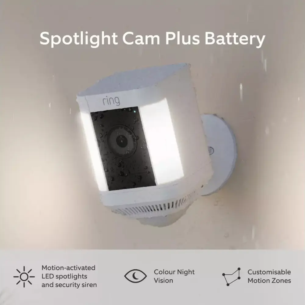 Spotlight Ring camera mounted on wall with illuminated view