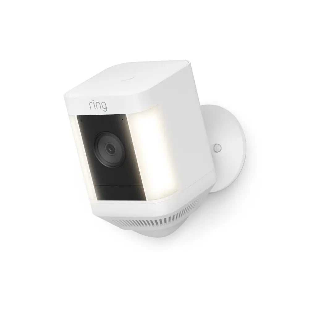 Ring Spotlight Cam Plus plug-in outdoor security camera in white, wall-mounted housing