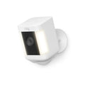 Ring Spotlight Cam Plus plug-in outdoor security camera in white, wall-mounted housing