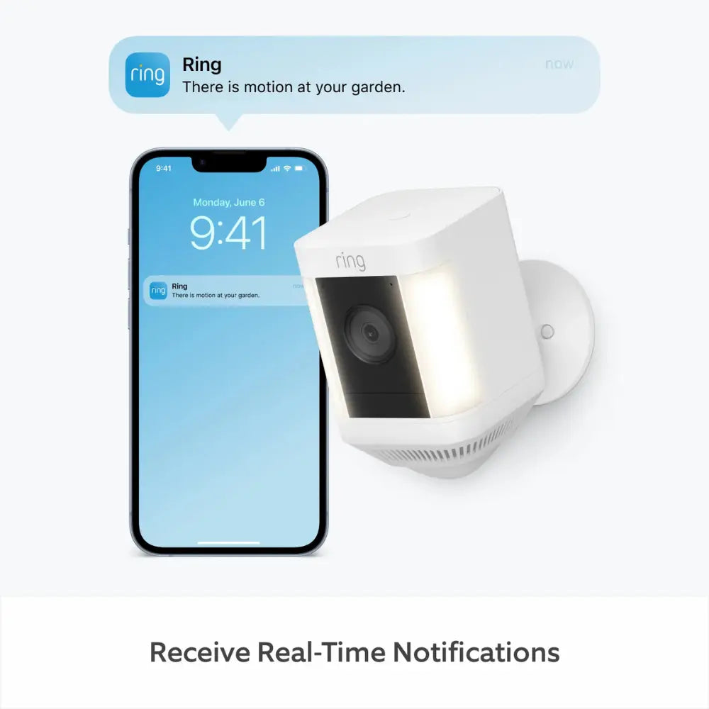 Ring Spotlight Cam Plus plug-in outdoor security camera with smartphone notification screen