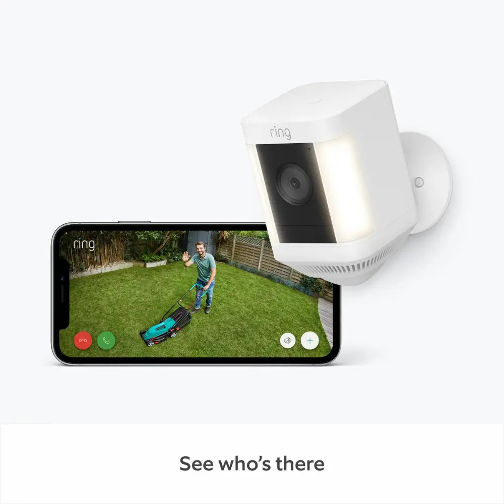 Ring Spotlight Cam Plus plug-in outdoor security camera with smartphone yard view