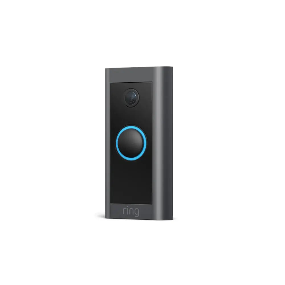 Dark gray wired video doorbell with blue illuminated ring and camera lens