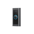 Dark gray wired video doorbell with blue illuminated ring and camera lens